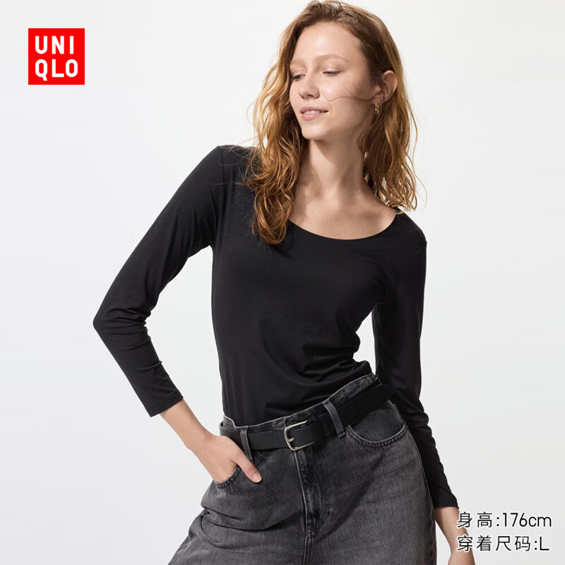 优衣库女装HEATTECH U领T恤/8分袖保暖衣478934 485810 478934/09黑色 L