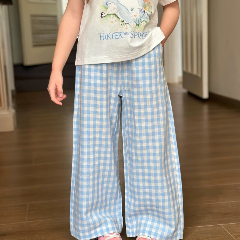 栀了成长记童装女童甜美休闲格子直筒裤2026春季儿童百搭宽松裤子 蓝色 裤子 150 cm