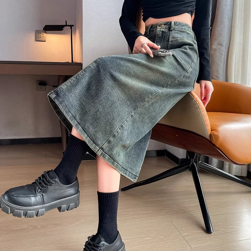 WAMLBN2026春夏季新款复古高腰牛仔裙女开叉显瘦半裙中长款a字半身裙 水泥灰 L