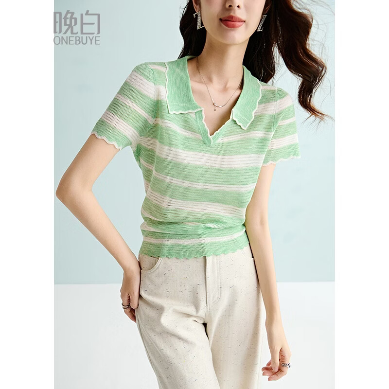 晚白【新品】2026年春款时尚条纹短袖高弹透气翻领休闲针织衫女 条纹 S