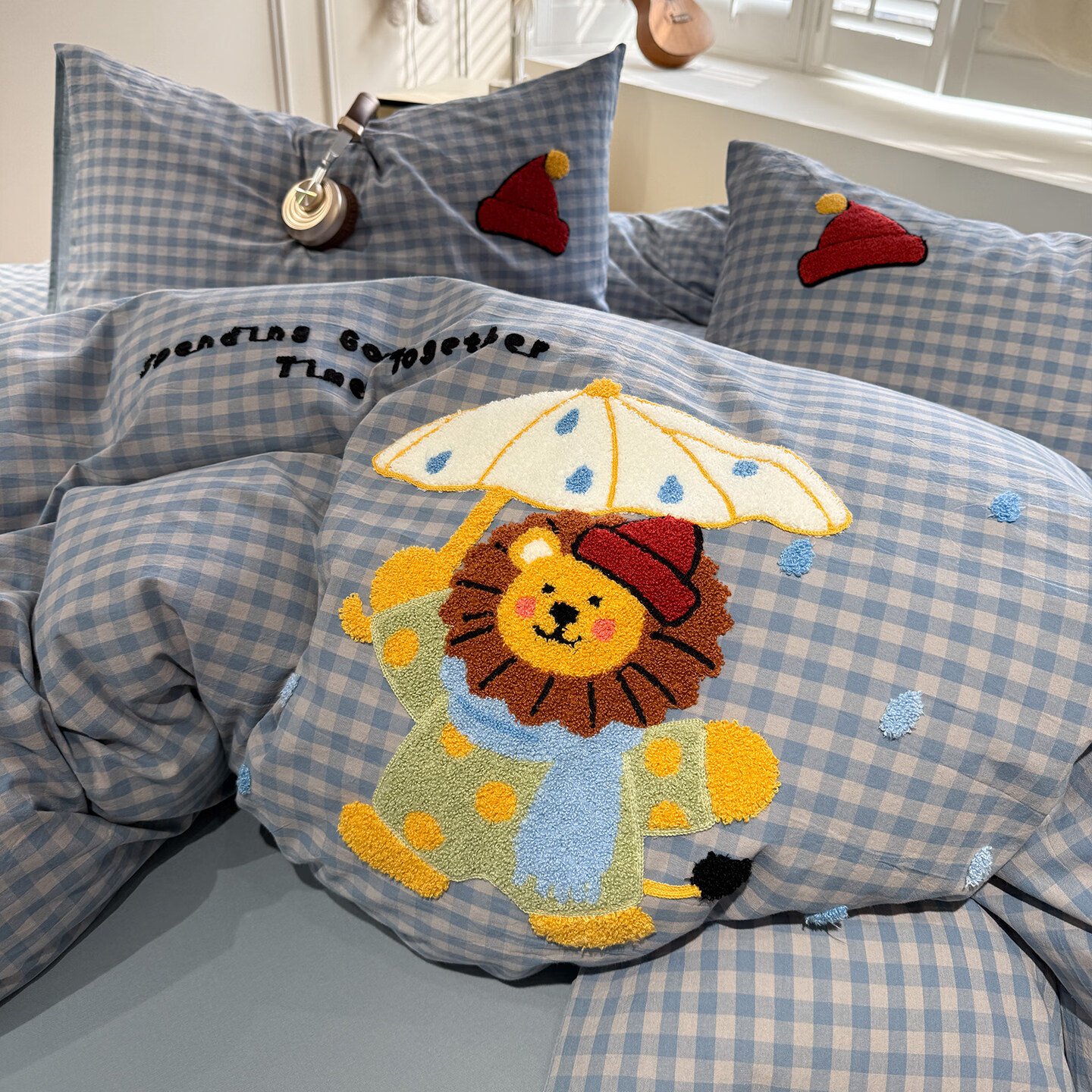 苏萱ins卡通毛巾绣狮子王纯棉床上四件套全棉1.5m1.8米公寓被套三件套 雨中漫步 1.5m 床笠款 四件套-被套200x230cm