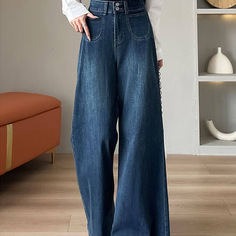 浪莎天丝牛仔裤女春季新款小个子高腰双扣休闲裤宽松显瘦垂坠阔腿裤女 复古蓝 【天丝呼吸面料】 L 【推荐96-110斤】