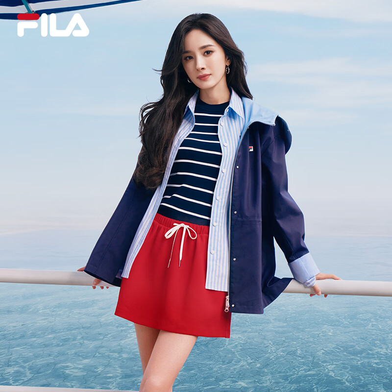 FILA 杨幂同款斐乐官方女装梭织外套2026夏新款时尚休闲连帽风衣夹克 藏烟蓝-DB 2XL 180/96A/XXL