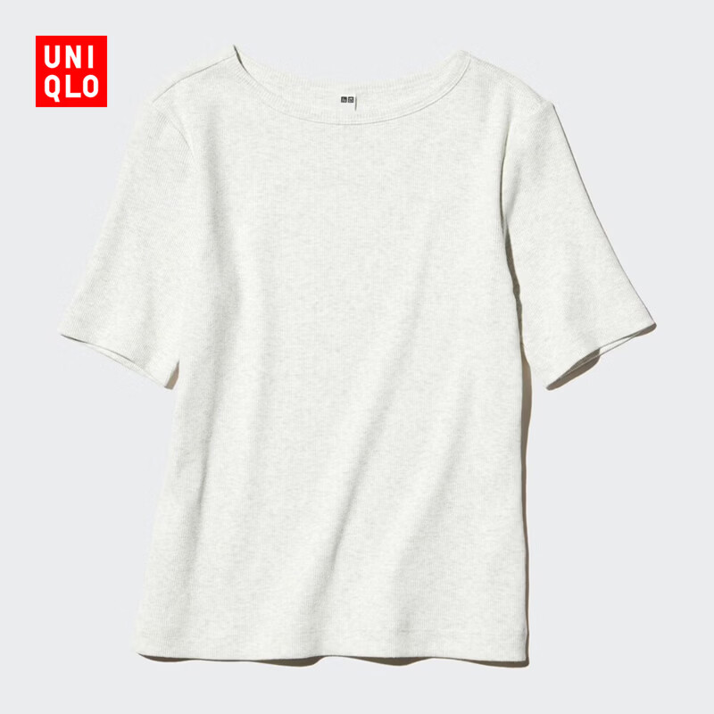优衣库女装罗纹船领T恤/五分袖26春夏新款483467 02 浅灰色 L