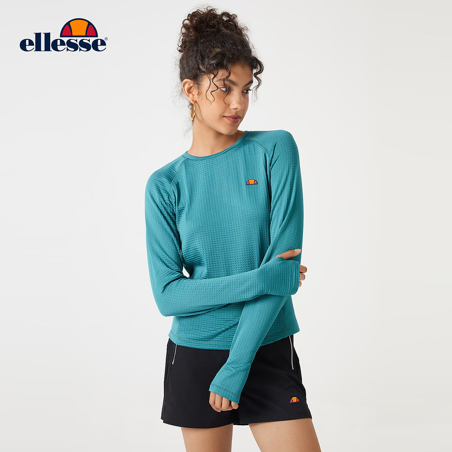 ellesse小贝壳秋季运动长袖T恤女跑步宽松健身打底服上衣男 青绿色 S