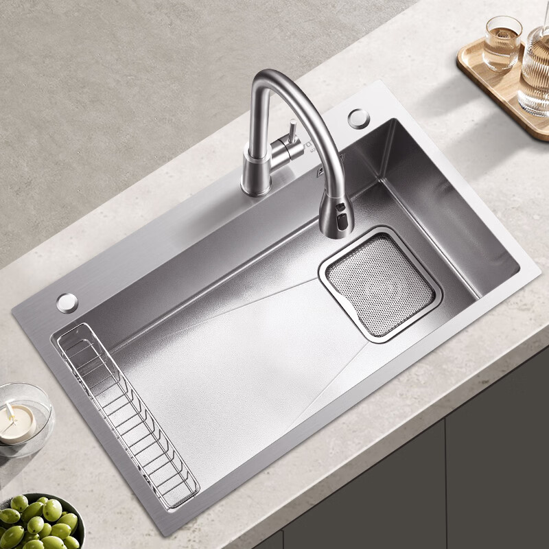 华帝（VATTI）水槽火山纹隔渣大单槽厨房水槽家用加厚304不锈钢不忧滤洗菜盆 60*45 不锈钢拉丝大单槽+三模抽拉龙头