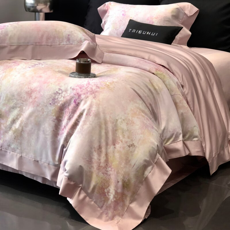 ROLAND LIVE新疆长绒棉印花四件套轻奢风家用1.8米床全棉被套亲肤透气床品 TGH 长绒棉四件套-沁园花语粉色 1.5米床 床单款 【被套200*230cm】