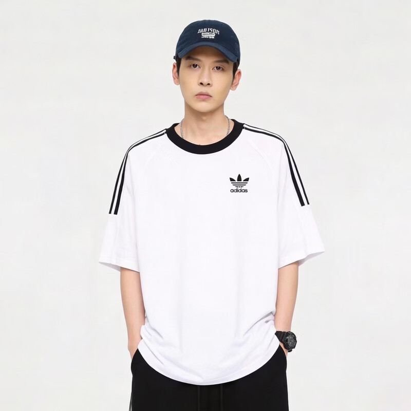 Y-3阿迪三叶草美式纯棉三条杠落肩短袖情侣款男女T恤休闲运动百搭潮 白色【小标】 M 建议体重100~120斤