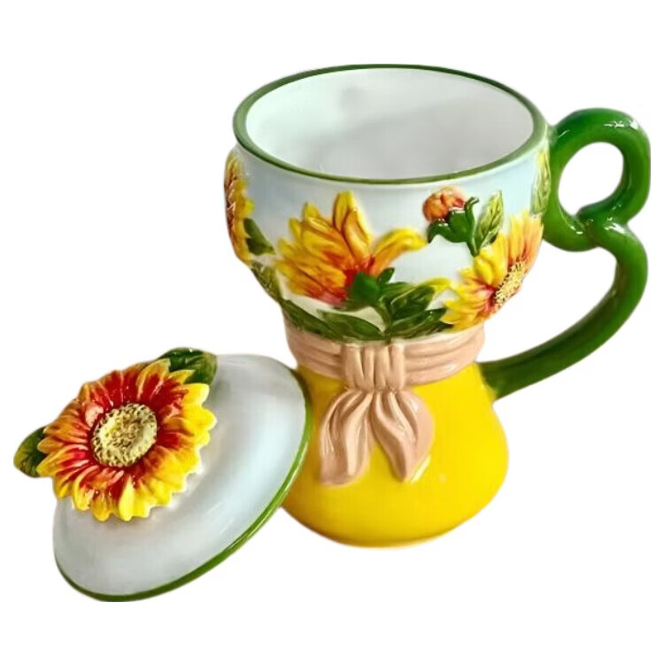 高颜值浮雕手绘陶瓷马克杯带盖水杯向日葵 浮雕向日葵-350ml带盖水杯