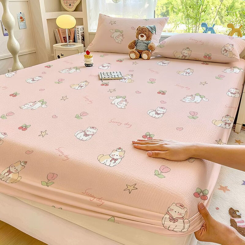 高睿家用双层纱床笠全包隔脏席梦思床垫保护套床罩学生宿舍单双人床套 樱桃猫咪【A类双层纱】亲肤可裸睡 床笠单件-120*200cm【不易褪色】