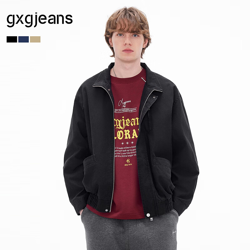 gxgjeans男装  多色立领廓形工装休闲宽松夹克外套男士26春新品 黑色 L (175)