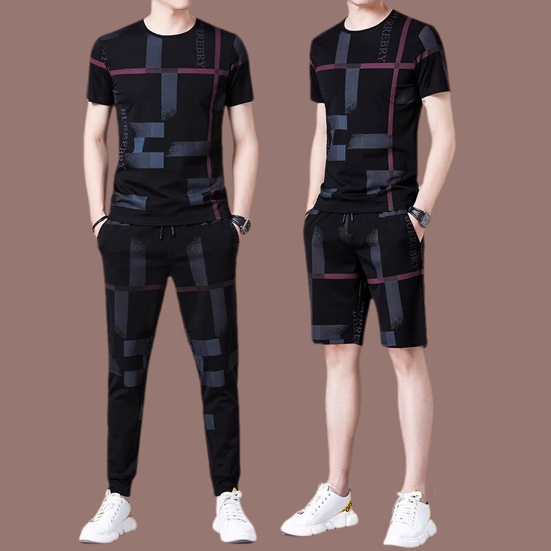阿玛尼（ARMANI）意大利正品名牌2026夏季新款男士休闲运动套装短袖t恤桑蚕丝薄款 国际一线品牌19606黑色三件套 3XL 190码建议(190-215斤穿)
