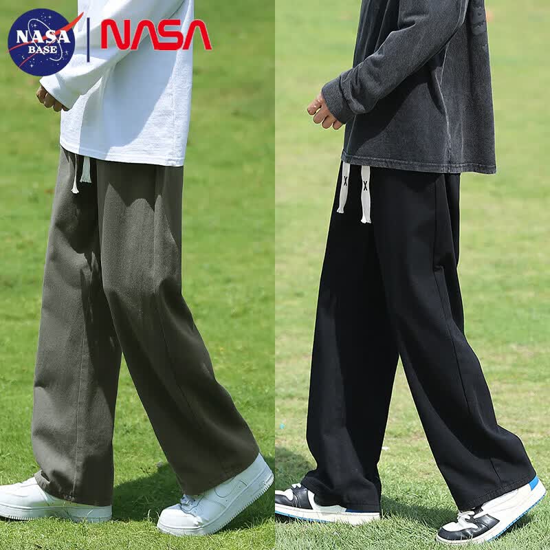 NASA BASE休闲裤男春夏季宽松运动垂感直筒裤男士青年阔腿潮牌百搭工装裤子 黑色+军绿 XL (建议125-150斤) 京东折扣/优惠券