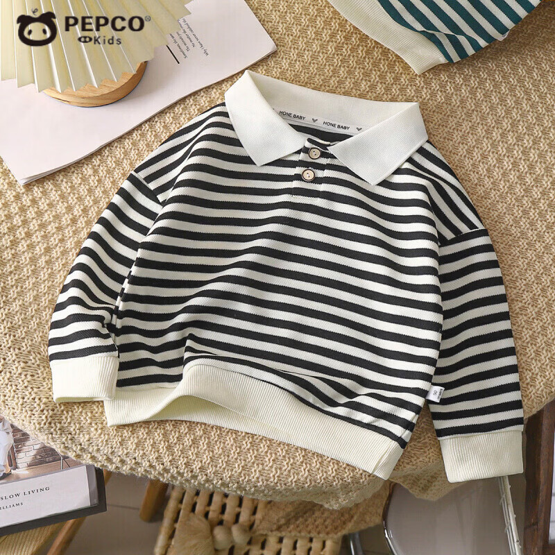 小猪班纳（PEPCO）儿童长袖polo衫春季新品洋气条纹打底衫中小童翻领卫衣童装 POLO卫衣-黑色条纹 80 (建议身高65-75c)