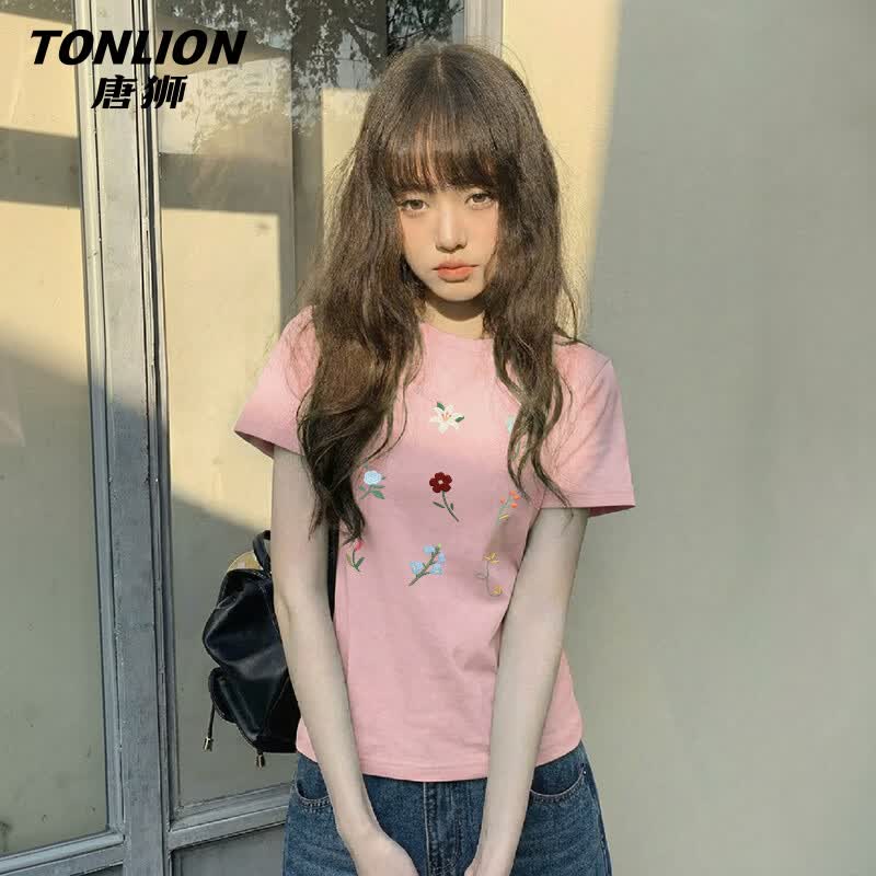 唐狮（TonLion）正肩短袖t恤女修身显瘦圆领上衣服新款性感辣妹小个子亲肤内搭