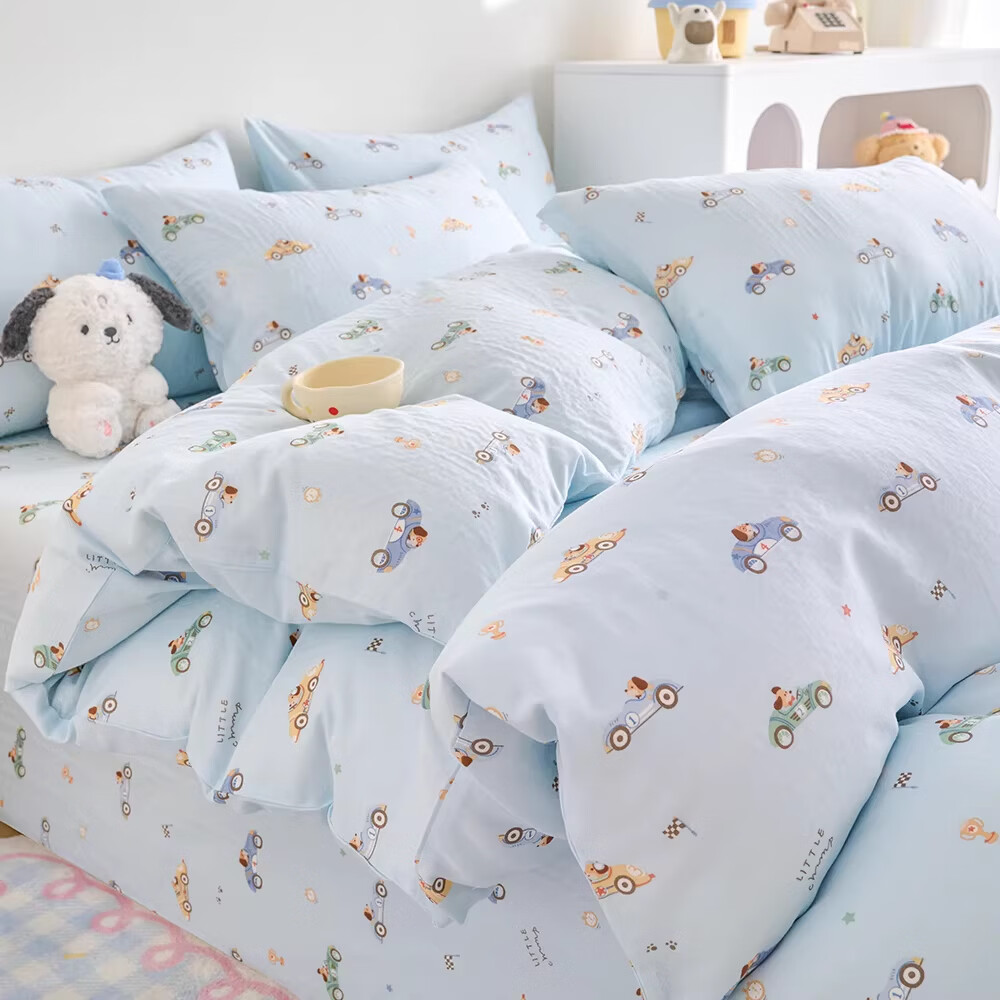 云瑾A类双层纱纯棉儿童被套单件全棉被罩幼儿园男孩女孩被罩 汽车狗蓝（A类亲肤，柔软透气） 200x230cm【双人被套单件】