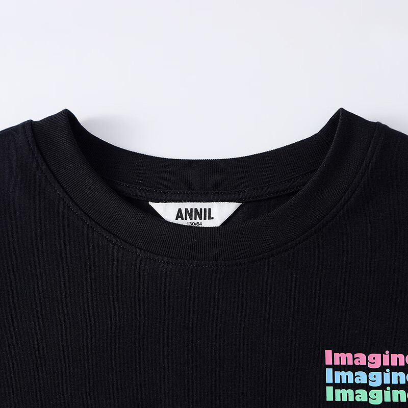 安奈儿（Annil）【瞬间凉感T恤】儿童夏款记忆棉清爽滑爽后背字母印花微宽松上衣 黑色 110
