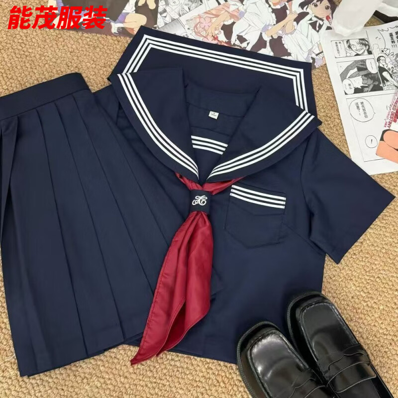 萱眸日系JK制服正统水手服基础款绀三本上衣新品萌妹中间服套装女 绀三本短/袖+裙子+红/领巾 S