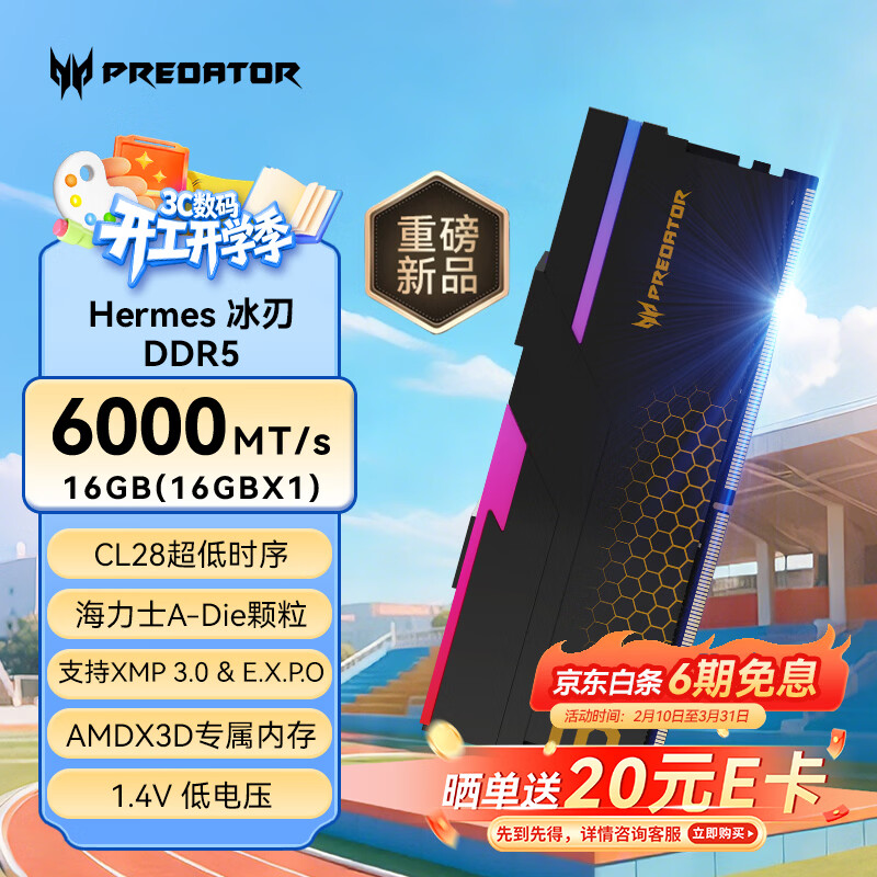 宏碁掠夺者（PREDATOR）16G 单条 DDR5 6000频率 台式机内存条 Hermes冰刃系列 RGB灯条(C28) 石耀黑 AI电脑配件