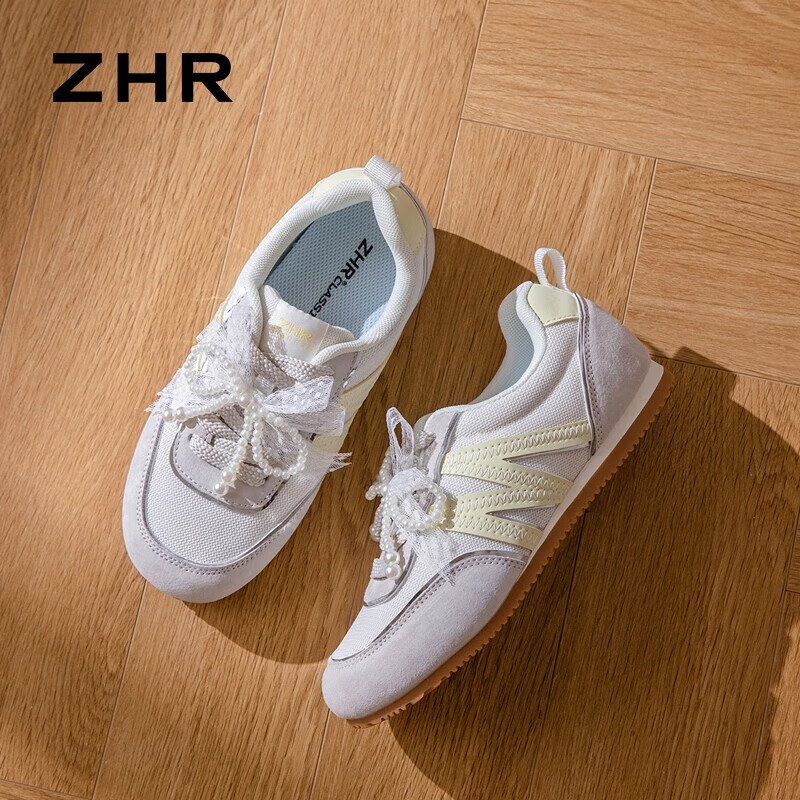 ZHR则则德训鞋女鞋轻软甜美运动鞋女珍珠蕾丝休闲鞋子女防滑百搭元气满满 米黄 35