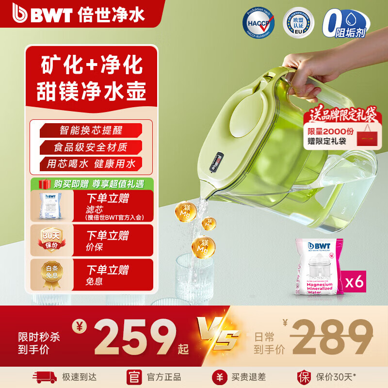 倍世（BWT） 德国甜镁净水壶过滤水净水器家用 欧洲进口滤芯去水垢增强55% 益家系列大容量过滤器 礼品送礼 【镁离子滤芯】1壶6芯 绿色