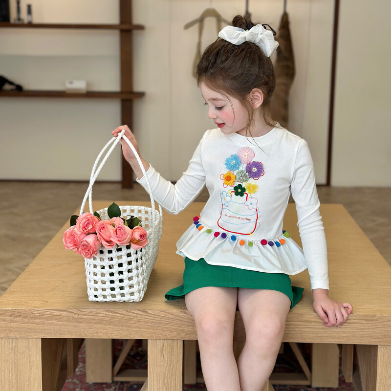 栀了成长记童装女童百搭荷叶边上衣2026春季儿童新款修身长袖T恤 白色 上衣 110 cm