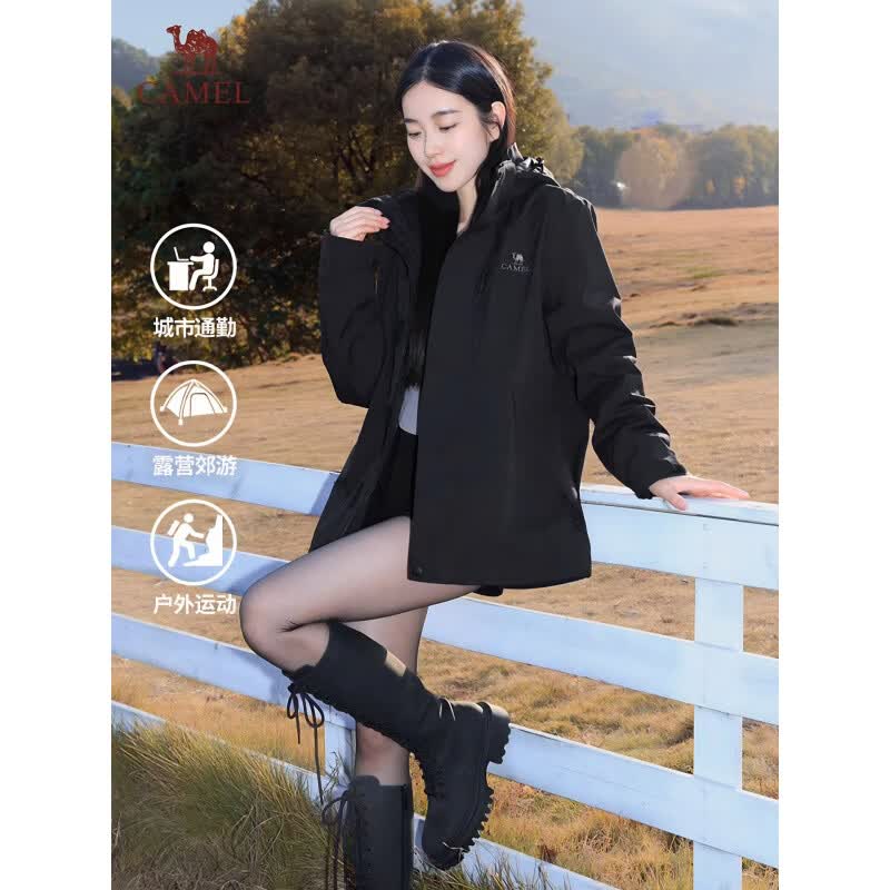 骆驼三合一冲锋衣女2025新款防风防水可拆卸内胆女装外套登山服男 三合一抓绒内胆-幻影黑，男女同款，AD12263514X 男女 XS
