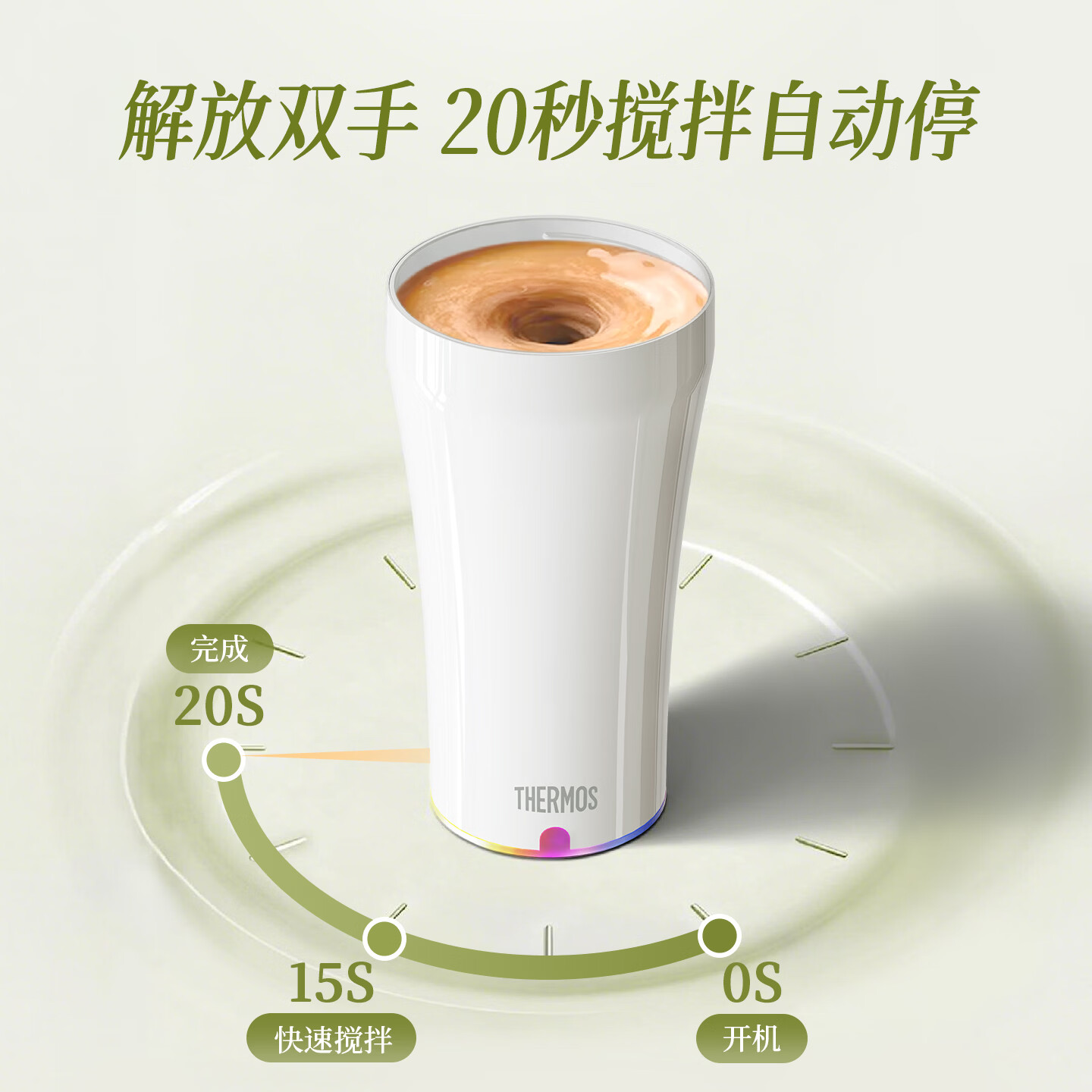 膳魔师（THERMOS）便携电动搅拌杯咖啡杯新款陶瓷涂层车载办公室保温杯高颜值水杯子 膳魔师-晨光白【陶瓷层内胆400ml】+灰色杯套
