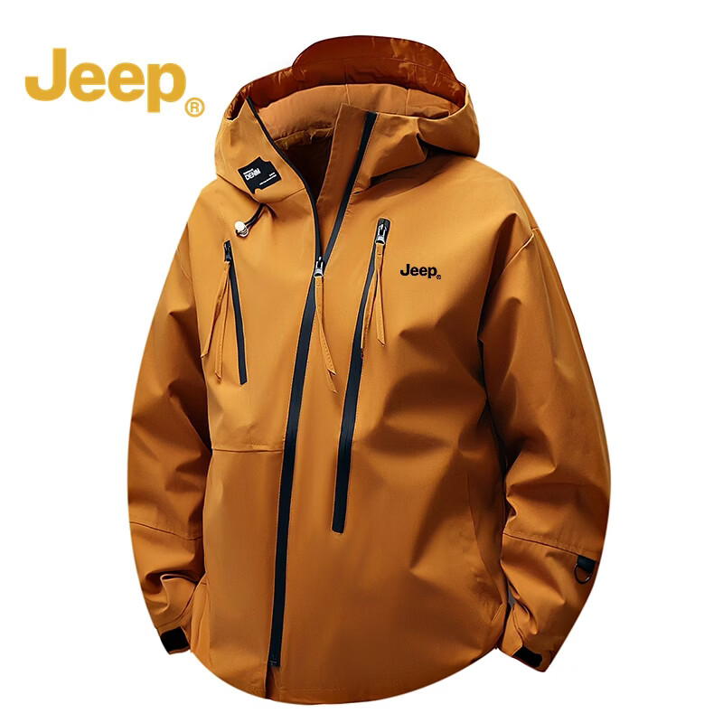 JEEP吉普 冲锋衣男秋冬季山系户外防风防水宽松连帽外套徒步登山服 黑色 M