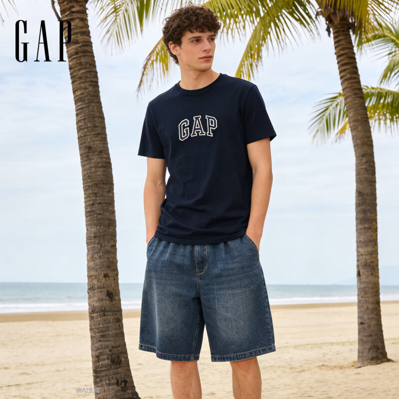 GAP男女装春季款纯棉字母logo短袖T恤常规上衣美版570044 海军蓝 L 美码 XL亚洲码185/104A 【偏小，建议选大一码】