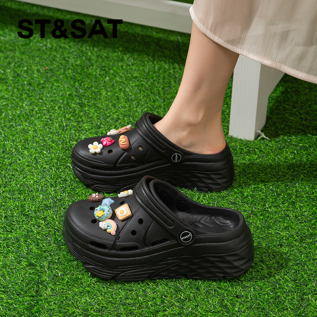 星期六2026夏季新款休闲洞洞鞋女两穿百搭沙滩鞋凉拖鞋厚底增高外穿拖鞋 黑色 【草莓熊】 37
