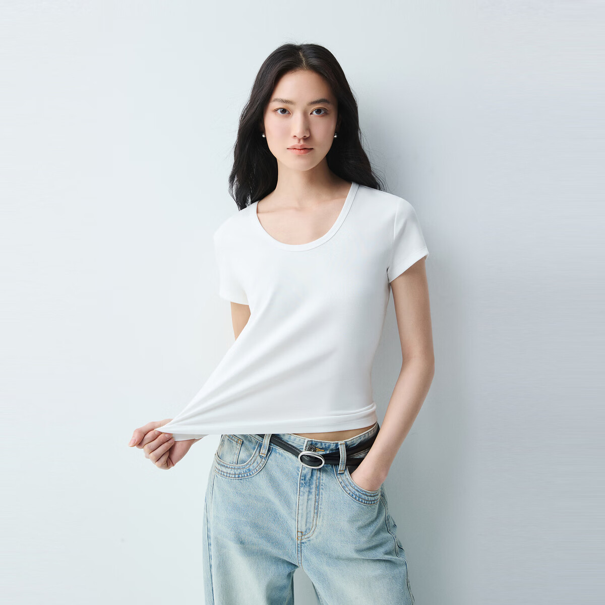 太平鸟【早八通勤T】5A抗菌正肩基础短袖T恤26夏新款U领圆领上衣 U领-白色 M 160