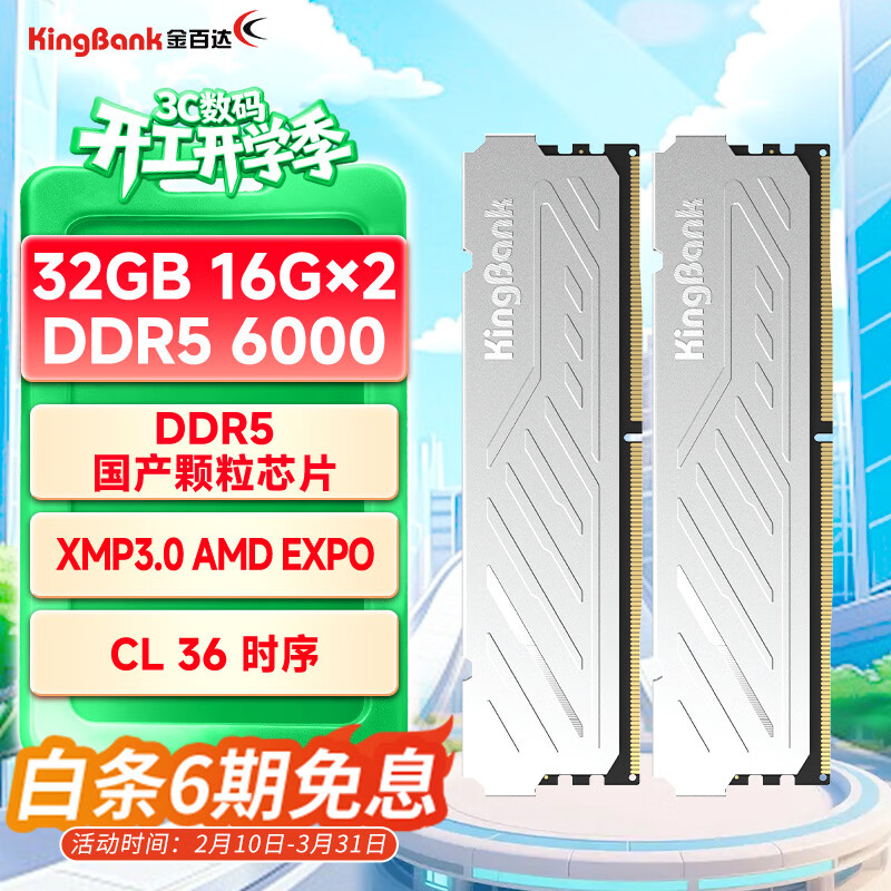 金百达（KINGBANK）32GB(16GBX2)套装 DDR5 6000 台式机内存条 国产颗粒 银爵 C36 Deepseek硬件