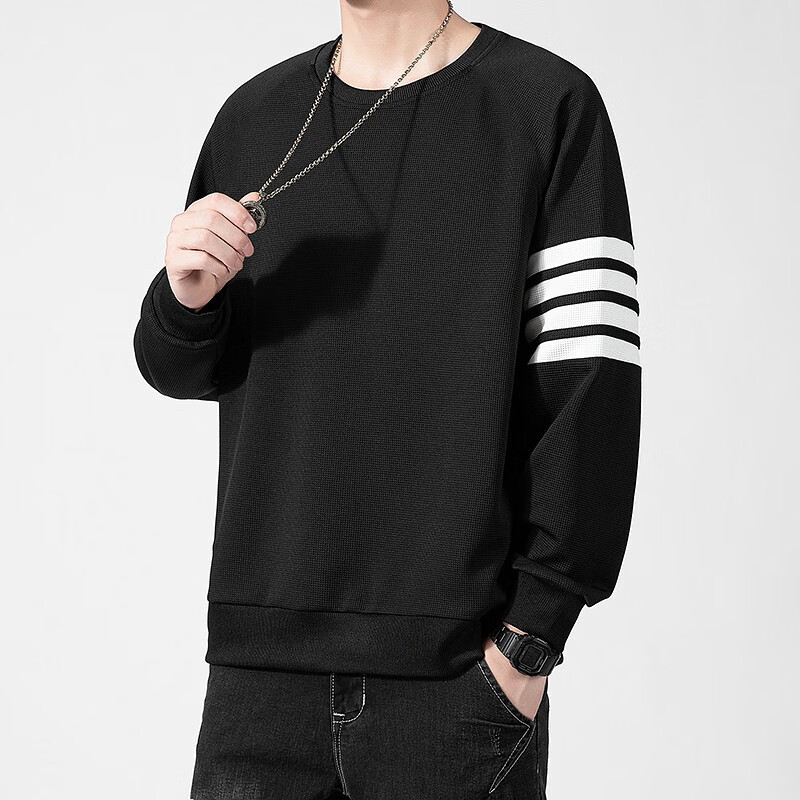 锐图森春秋华夫格卫衣男士夏季时尚百搭潮牌运动上衣宽松纯色套头T恤衫 304【黑色】四道杠 XL （建议120-135斤）