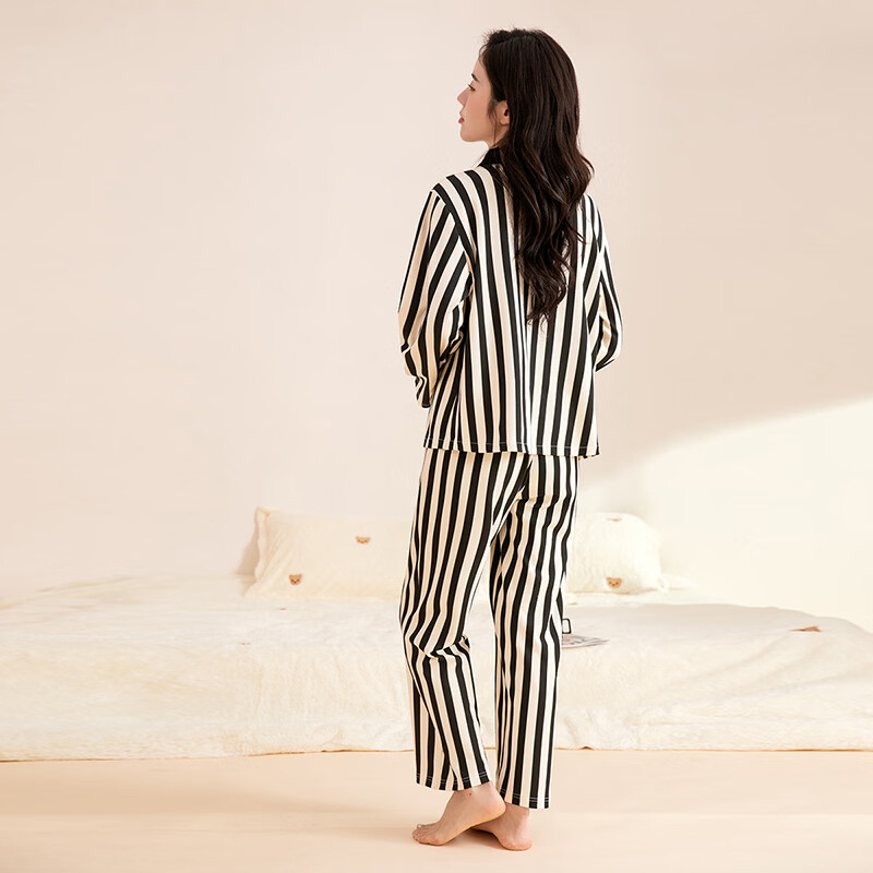芬腾可安（FENTENGCARE）睡衣女【100%纯棉】秋冬复古条纹翻领开衫家居服女士睡衣套装 黑条 L
