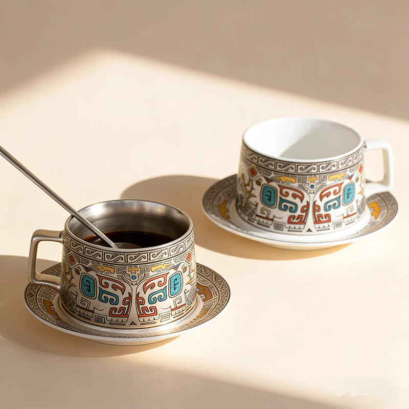 BOSSY国潮三星堆文创高档鎏银咖啡杯碟套装高颜值办公室马克杯茶杯送礼 三星堆万象鎏银咖啡杯【礼盒装】