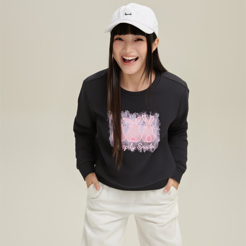 快鱼女士卫衣2026秋季新款时尚印花圆领百搭打底衫女长袖外穿女装上衣 深灰 2XL