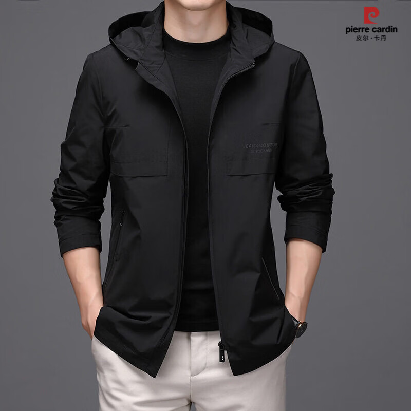 皮尔卡丹外套男春秋季薄款连帽韩版休闲茄克衫男士中长版风衣男装 黑色 M 165