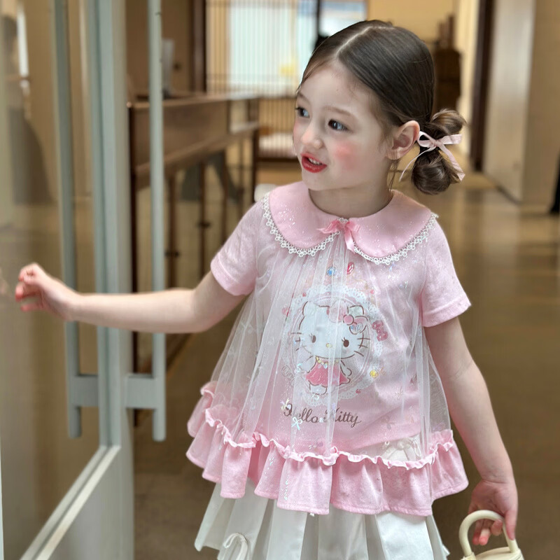 栀了成长记童装女童可爱卡通娃娃领上衣2026春季儿童网纱拼接T恤 粉色 上衣 120 cm