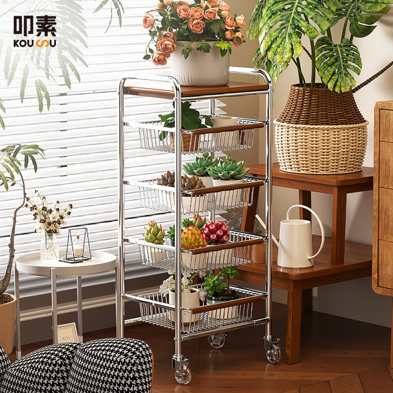 叩素中古风零食置物架多功能夹缝小推车多层果蔬厨房菜篮可移动收纳架 中古风零食置物架 五层四抽 水晶轮