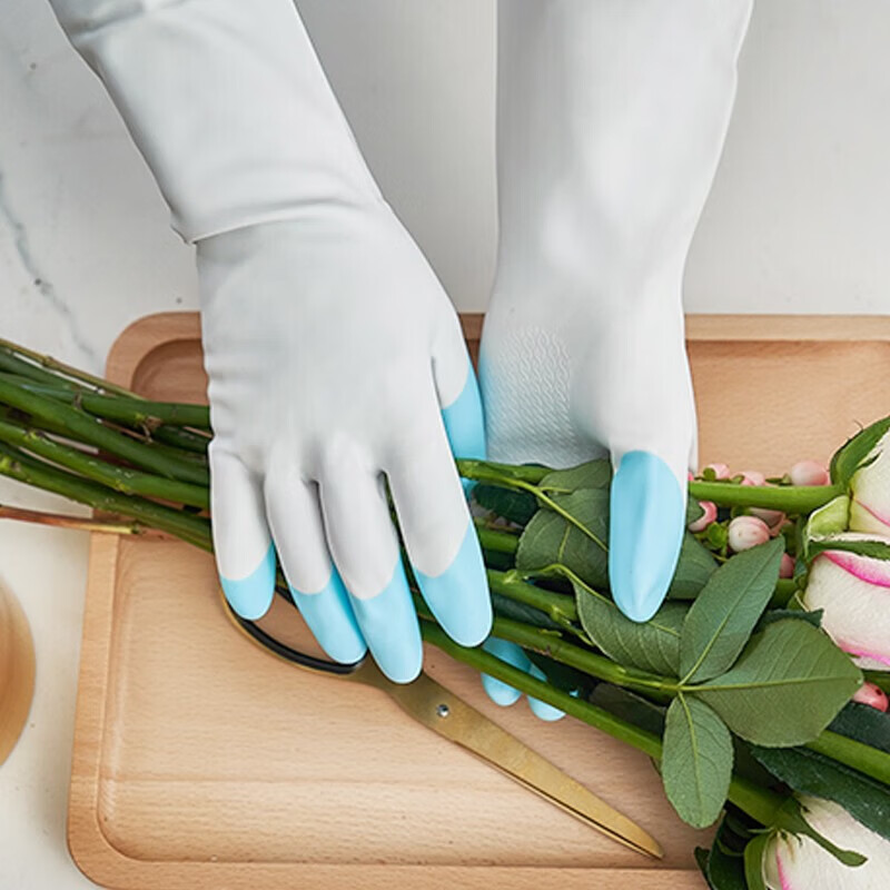 JEPOO龙首 指尖加强洗碗手套轻薄贴手穿戴舒适家务防水胶皮洗衣服清洁 花色 5双 M中码