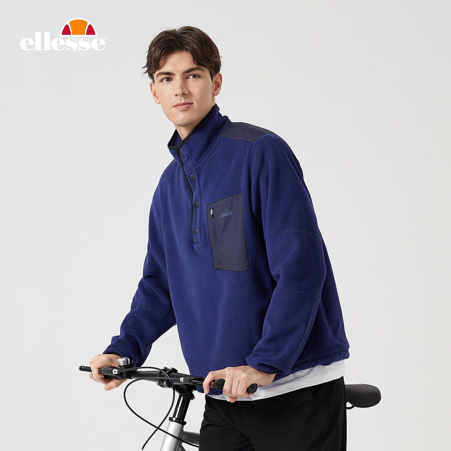 ellesse小贝壳官方运动卫衣男春季新款摇粒绒半拉链针织套头衫 藏蓝色 S