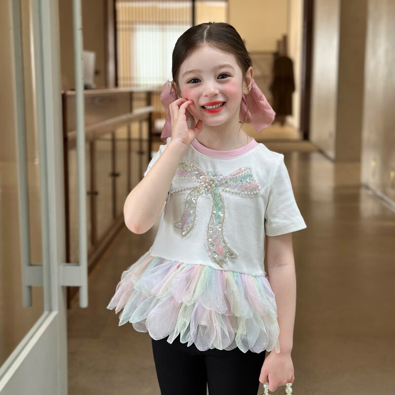 栀了成长记童装女童蝴蝶结网纱上衣2026春季儿童百搭甜美修身T恤 白色 上衣 120 cm