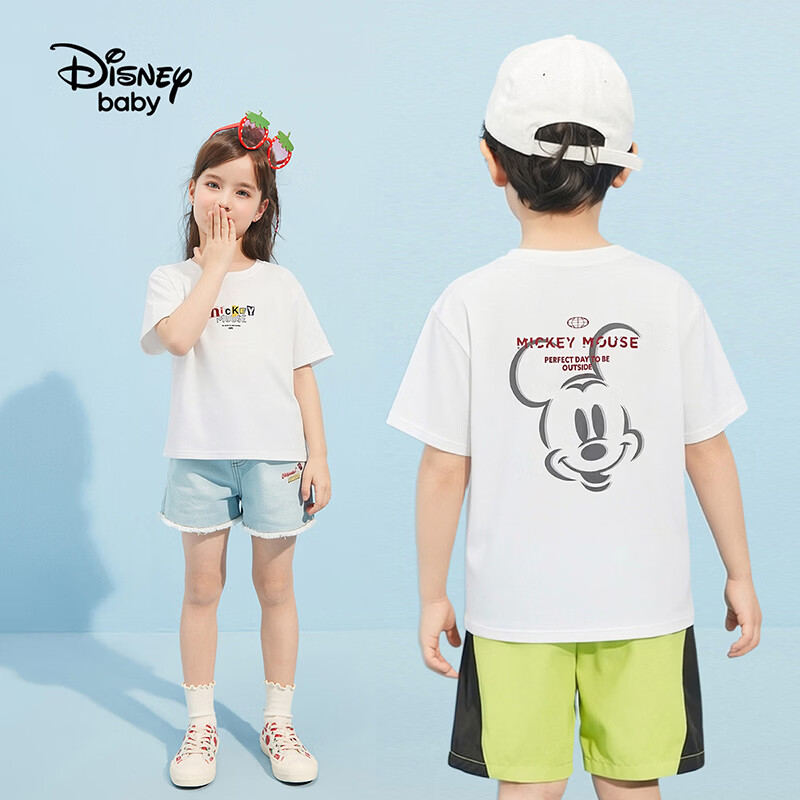 迪士尼（Disney）童装亲子装家庭装男女夏装纯棉短袖t恤纯色短袖家庭装儿童夏装t恤 本白 150 高145-155cm重70-85斤【童】
