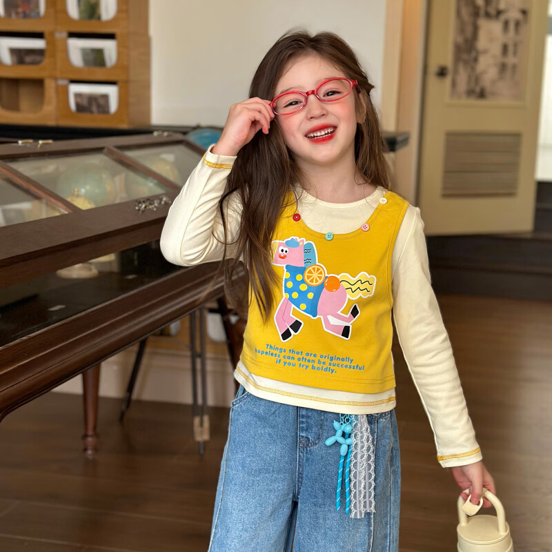 栀了成长记童装女童假两件撞色上衣2026春季儿童韩版百搭长袖T恤 黄色 上衣 160 cm