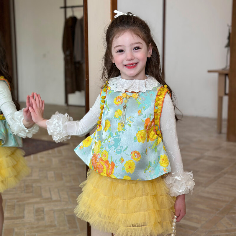 栀了成长记童装女童新中式提花圆领马甲2026春季儿童国风无袖上衣 打底 150 cm