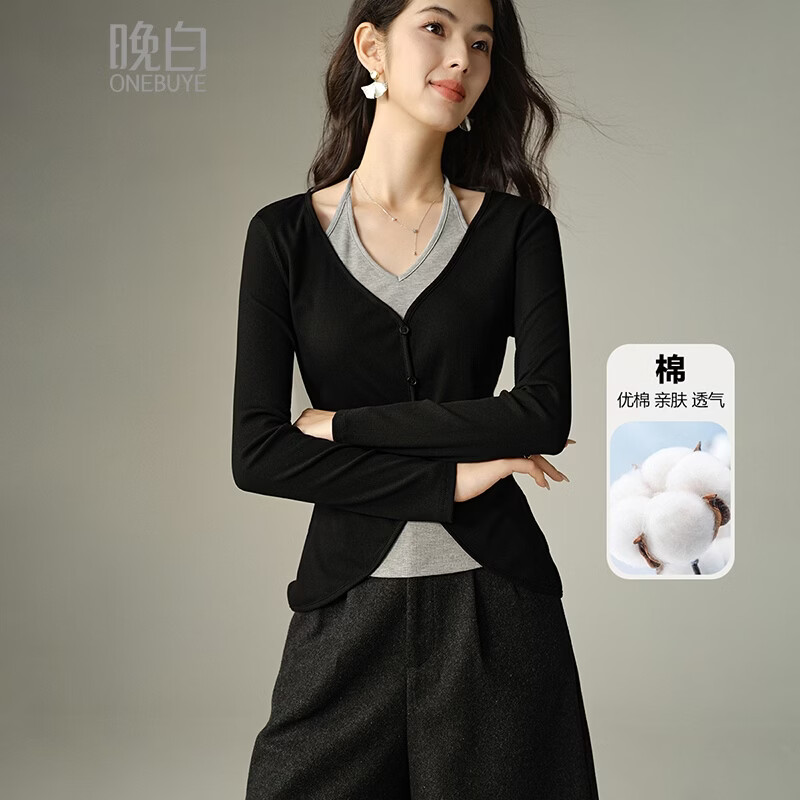 晚白【新品】2026年春款时尚双层V领棉料上衣修身显瘦百搭T恤衫女 黑色 L