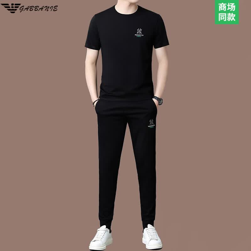 GABBANIE意大利正品高端名牌男士休闲运动套装夏季新款桑蚕丝短袖t 国际一线品牌18913黑色短袖+长裤 XL 175_【建议140-160斤】 京东折扣/优惠券
