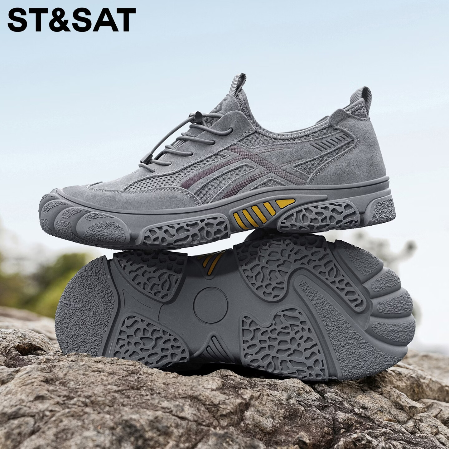星期六（St&Sat）登山鞋男夏季新款透气网面鞋男免系带户外一脚蹬凉鞋运动飞织鞋男 灰色 44 (270mm) 标准运动鞋尺码