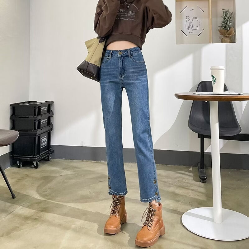 燠阳高腰开叉直筒牛仔裤女夏季薄款2025年新款宽松显瘦小个子烟管裤子 2044复古蓝 L 【105-115斤】